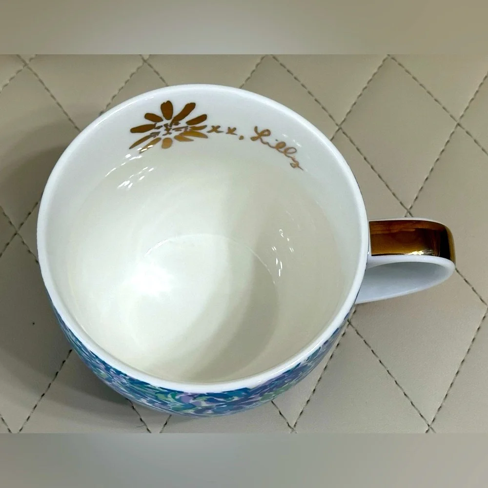 LILLY PULITZER high maintenance ceramic mug blue floral gold handle 12 oz